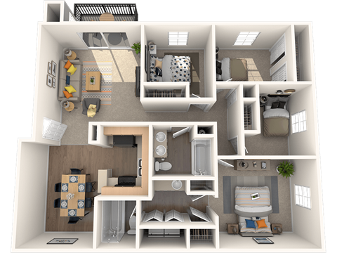 Pet Friendly Apartments in Tampa Florida – The Commons – 3D floorplan of our four-bedroom two-bathroom apartment